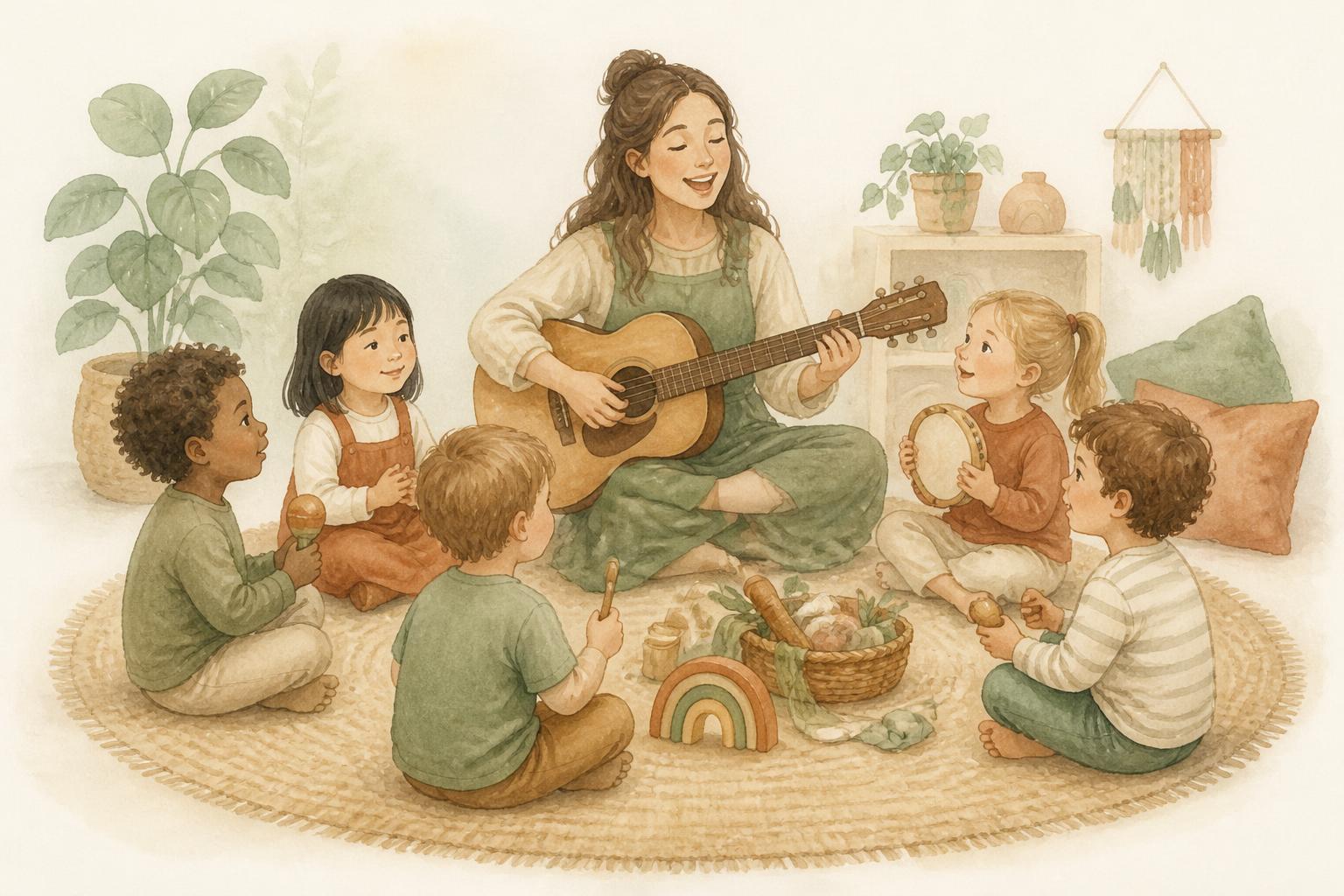 Watercolour illustration of preschool children sitting in a circle on a rug with an educator playing guitar