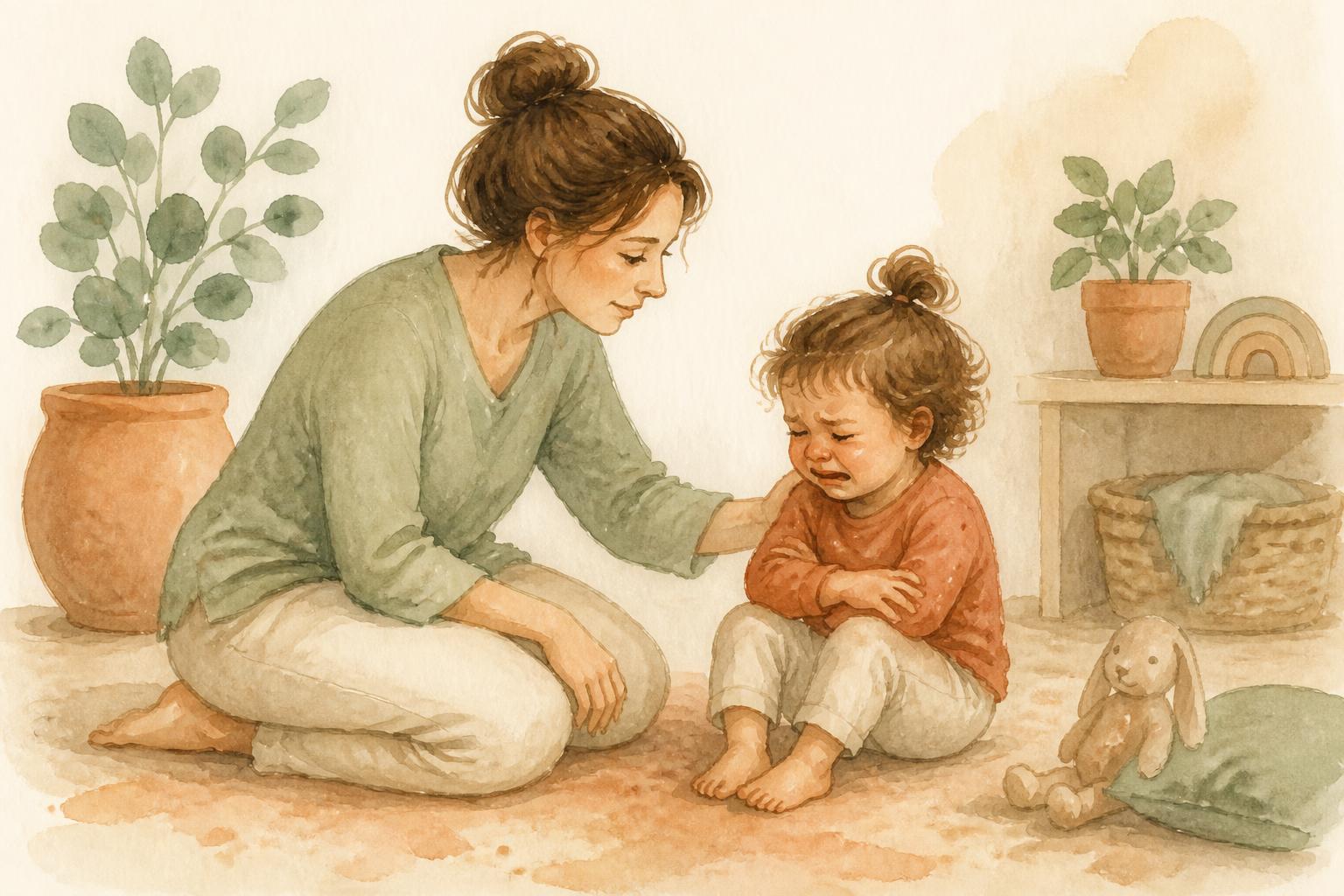 Watercolour illustration of a calm adult kneeling beside an upset toddler on a living-room floor