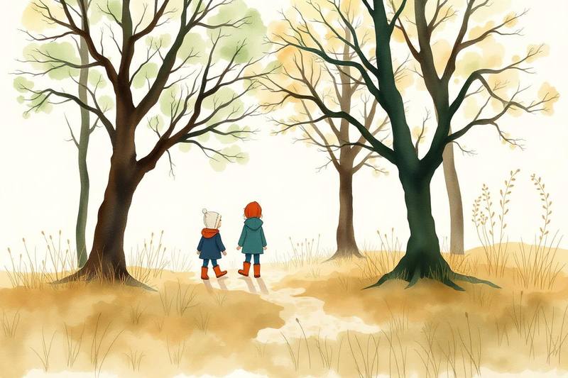 Outdoor Learning Essentials course cover — watercolour illustration of two children in raincoats exploring an Irish woodland clearing