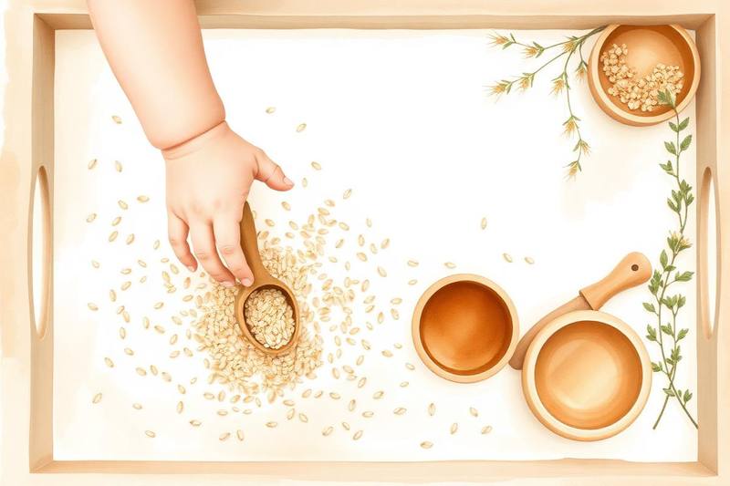 Sensory and Messy Play course cover — watercolour illustration of a child's hand scooping oats in a wooden sensory tray
